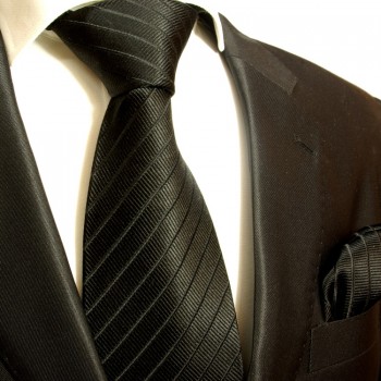 Schwarzes extra langes XL Krawatten Set 2tlg. 100% Seidenkrawatte + Einstecktuch by Paul Malone 475