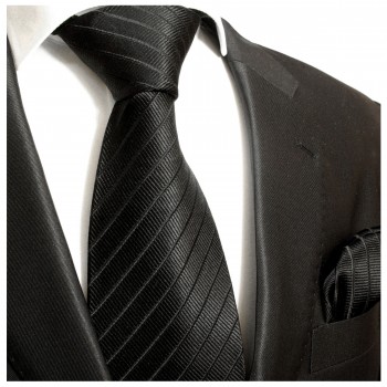 Krawatte schwarz uni gestreift Seide mit Einstecktuch