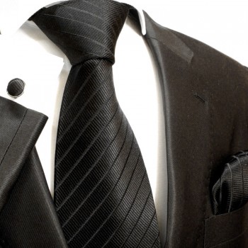 Extra langes Krawatten Set schwarz 3tlg. 100% Seide + Einstecktuch + Manschettenknöpfe by Paul Malone 475