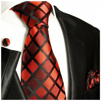 Krawatte rot schwarz kariert Seide mit Einstecktuch und Manschettenknöpfe