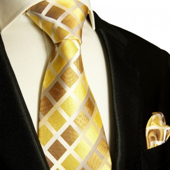 Gold braunes extra langes XL Krawatten Set 2tlg. 100% Seidenkrawatte + Einstecktuch by Paul Malone 484
