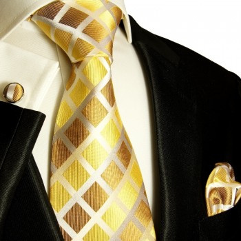 Extra langes Krawatten Set gold braun 3tlg. 100% Seide + Einstecktuch + Manschettenknöpfe by Paul Malone 484