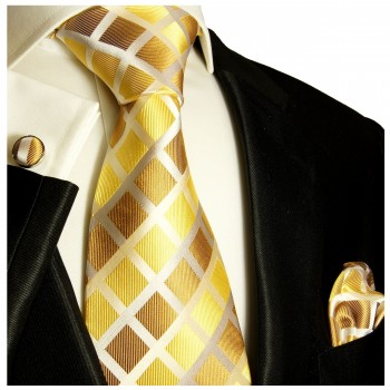 Krawatte gold braun kariert mit Einstecktuch und Manschettenknöpfe