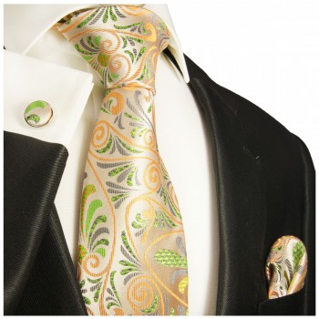 Krawatte orange grün mit Einstecktuch und Manschettenknöpfen