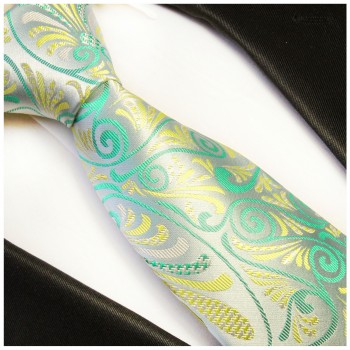 Paul Malone XL Krawatte 165cm silber grün floral satin Seidenkrawatte 491