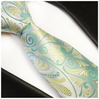 Krawatte grün silber gelb 100% Seide floral 491