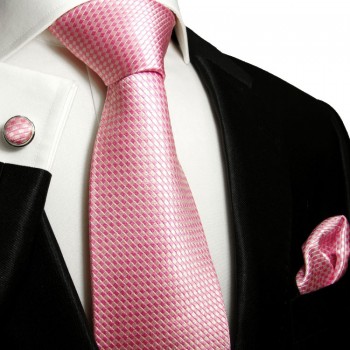 Extra langes Krawatten Set pink 3tlg. 100% Seide + Einstecktuch + Manschettenknöpfe by Paul Malone 501