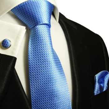 Extra langes Krawatten Set blau 3tlg. 100% Seide + Einstecktuch + Manschettenknöpfe by Paul Malone 502