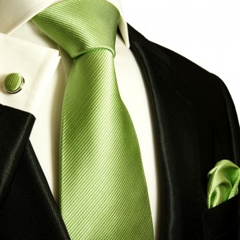 Extra langes Krawatten Set grün 3tlg. 100% Seide + Einstecktuch + Manschettenknöpfe by Paul Malone 504