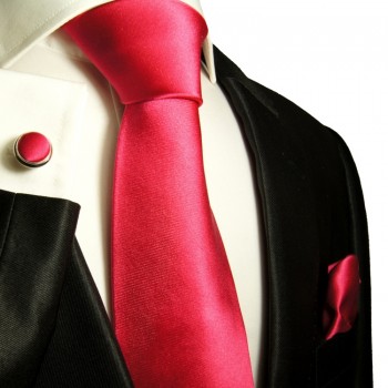 Extra langes Krawatten Set pink 3tlg. 100% Seide + Einstecktuch + Manschettenknöpfe by Paul Malone 505