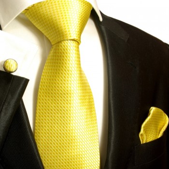 Extra langes Krawatten Set gelb 3tlg. 100% Seide + Einstecktuch + Manschettenknöpfe by Paul Malone 506