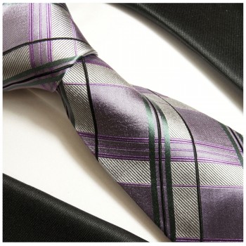Extra lange Krawatte 165cm - Krawatte Überlänge - silber lila Schottenmuster