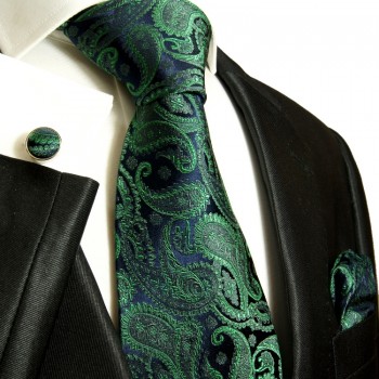 Extra langes Krawatten Set grün 3tlg. 100% Seide + Einstecktuch + Manschettenknöpfe by Paul Malone 510