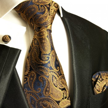 Extra langes Krawatten Set braun 3tlg. 100% Seide + Einstecktuch + Manschettenknöpfe by Paul Malone 512