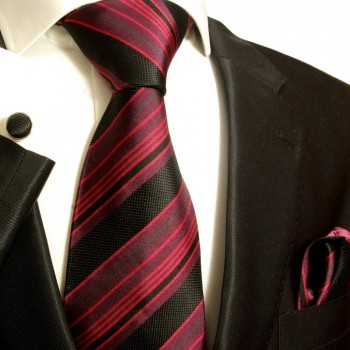 Extra langes Krawatten Set rot schwarz 3tlg. 100% Seide + Einstecktuch + Manschettenknöpfe by Paul Malone 515