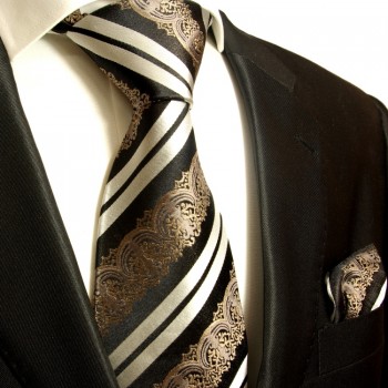 Schwarz barock extra langes XL Krawatten Set 2tlg. 100% Seidenkrawatte + Einstecktuch by Paul Malone 516