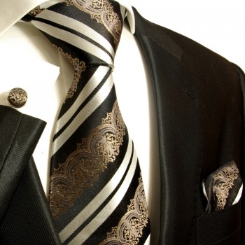 Extra langes Krawatten Set schwarz barock 3tlg. 100% Seide + Einstecktuch + Manschettenknöpfe by Paul Malone 516