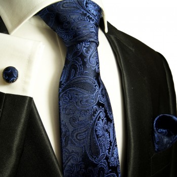 Extra langes Krawatten Set blau 3tlg. 100% Seide + Einstecktuch + Manschettenknöpfe by Paul Malone 518