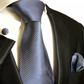 Blaues XL Krawatten Set 3tlg. (extra lange 165cm) 100% Seide + Einstecktuch + Manschettenknöpfe 519