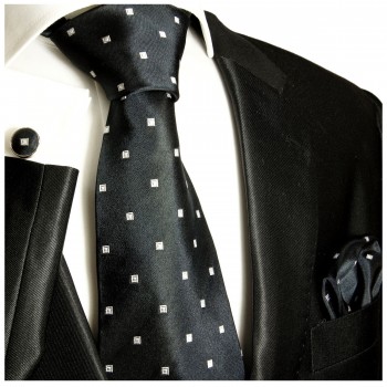 Krawatte schwarz gepunktet Seide mit Einstecktuch und Manschettenknöpfe