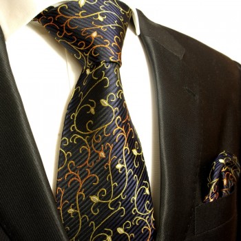 Blau schwarzes extra langes XL Krawatten Set 2tlg. 100% Seidenkrawatte + Einstecktuch by Paul Malone 534