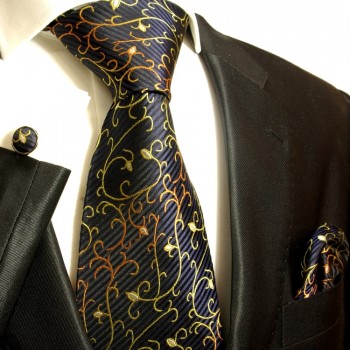 Extra langes Krawatten Set blau schwarz 3tlg. 100% Seide + Einstecktuch + Manschettenknöpfe by Paul Malone 534