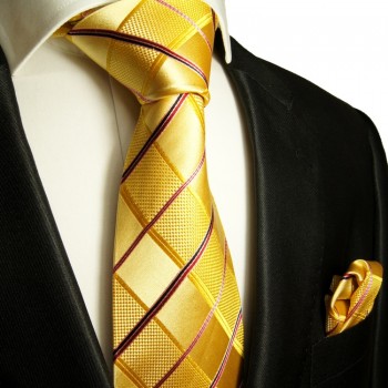 Goldenes extra langes XL Krawatten Set 2tlg. 100% Seidenkrawatte + Einstecktuch by Paul Malone 538
