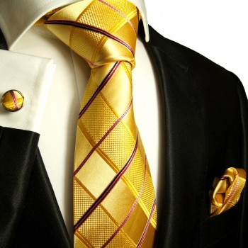 Extra langes Krawatten Set gold 3tlg. 100% Seide + Einstecktuch + Manschettenknöpfe by Paul Malone 538