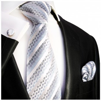 Krawatte hellblau gestreift mit Einstecktuch und Manschettenknöpfen 602