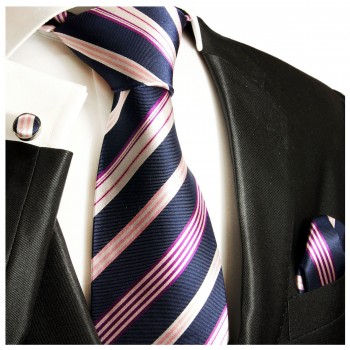Krawatte dunkelblau pink gestreift mit Einstecktuch und Manschettenknöpfen 608