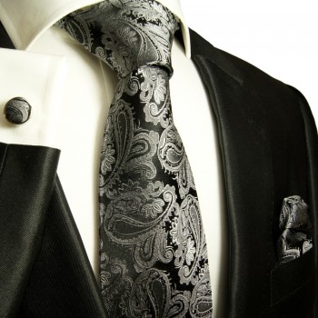 Extra langes Krawatten Set schwarz grau 3tlg. 100% Seide + Einstecktuch + Manschettenknöpfe 627