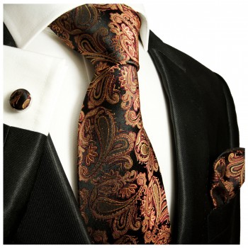 Krawatte braun paisley mit Einstecktuch und Manschettenknöpfe
