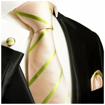 Krawatte lachs grün gestreift mit Einstecktuch und Manschettenknöpfe