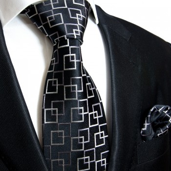 Schwarzes extra langes XL Krawatten Set 2tlg. 100% Seidenkrawatte + Einstecktuch by Paul Malone 641