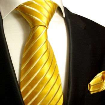 Goldenes extra langes XL Krawatten Set 2tlg. 100% Seidenkrawatte + Einstecktuch 681