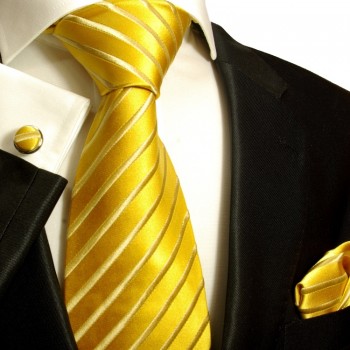 Goldenes XL Krawatten Set 3tlg. (extra lange 165cm) 100% Seide + Einstecktuch + Manschettenknöpfe 681