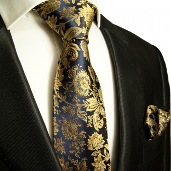 Schwarz blaues extra langes XL Krawatten Set 2tlg. 100% Seidenkrawatte + Einstecktuch by Paul Malone 683