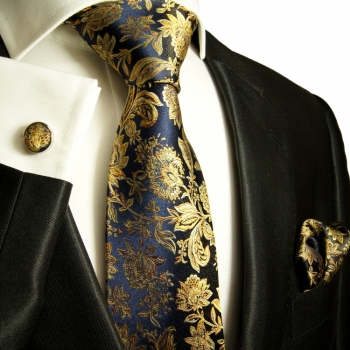 Extra langes Krawatten Set schwarz blau 3tlg. 100% Seide + Einstecktuch + Manschettenknöpfe 683