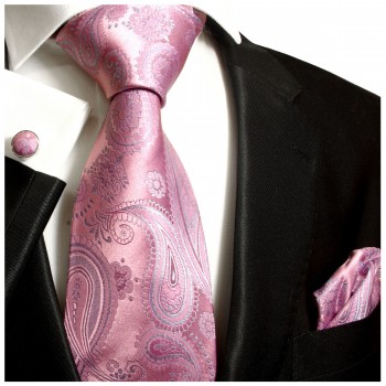 Krawatte pink paisley Seide mit Einstecktuch und Manschettenknöpfen