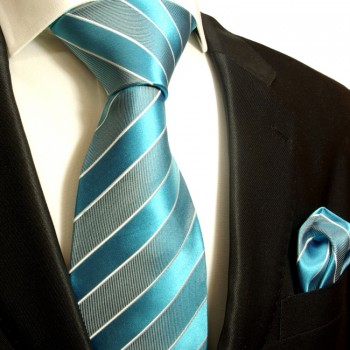 Türkis blaues extra langes XL Krawatten Set 2tlg. 100% Seidenkrawatte + Einstecktuch by Paul Malone 690