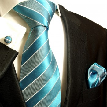 Blaues XL Krawatten Set 3tlg. (extra lange 165cm) 100% Seide + Einstecktuch + Manschettenknöpfe 690