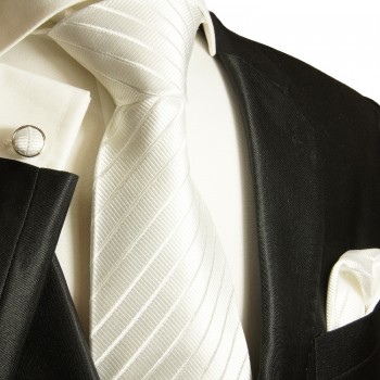 Weißes XL Krawatten Set 3tlg. (extra lange 165cm) 100% Seide + Einstecktuch + Manschettenknöpfe 691