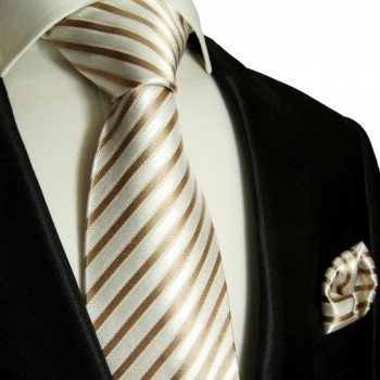 Cappuccino weißes extra langes XL Krawatten Set 2tlg. 100% Seidenkrawatte + Einstecktuch by Paul Malone 694