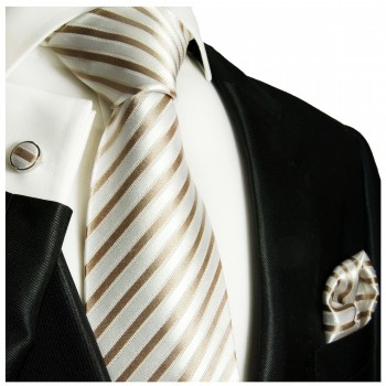 Krawatte cappuccino braun mit Einstecktuch und Manschettenknöpfe