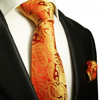 Rot goldenes extra langes XL Krawatten Set 2tlg. 100% Seidenkrawatte + Einstecktuch by Paul Malone 695