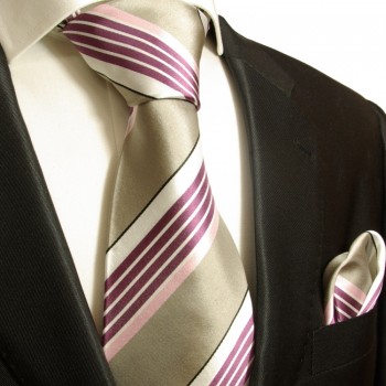 Grau pinkes extra langes XL Krawatten Set 2tlg. 100% Seidenkrawatte + Einstecktuch by Paul Malone 713