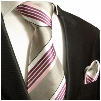 Krawatte silber grau pink gestreift Seide mit Einstecktuch
