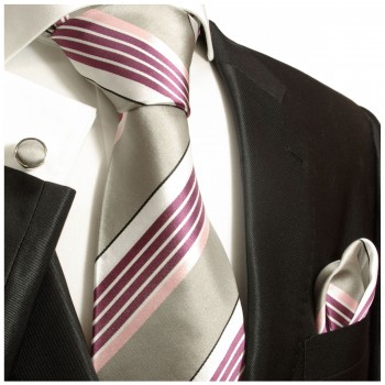Krawatte silber grau pink gestreift Seide mit Einstecktuch und Manschettenknöpfe