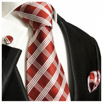 Krawatte rot kariert Seide mit Einstecktuch und Manschettenknöpfe