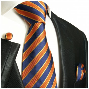 Krawatte blau orange gestreift mit Einstecktuch und Manschettenknöpfen 728